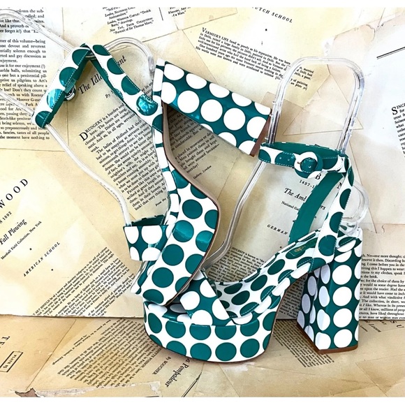 Anthropologie Larroude Dolly Platform Sandal Green White Patent Polka Dot - Picture 3 of 10
